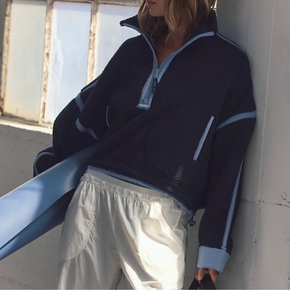 New Free People Mountain High Half Zip Fleece in Black / Blue Grey Combo - Picture 1 of 9